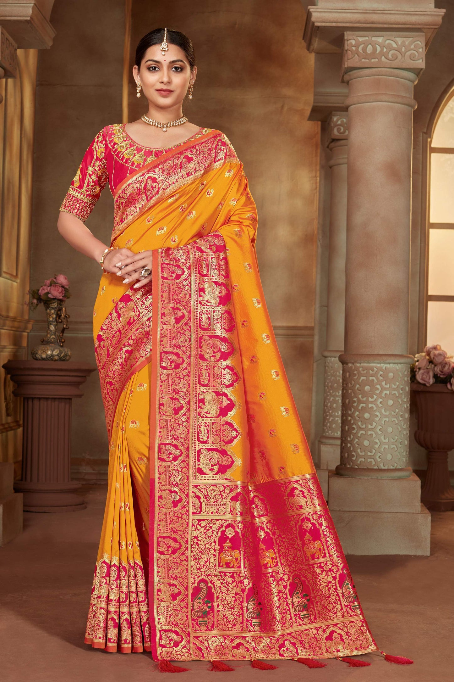 MANOHARI Banarasi Silk Blend Jacquard Work Saree - Yellow
