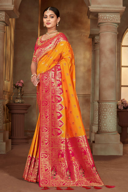 MANOHARI Banarasi Silk Blend Jacquard Work Saree - Yellow