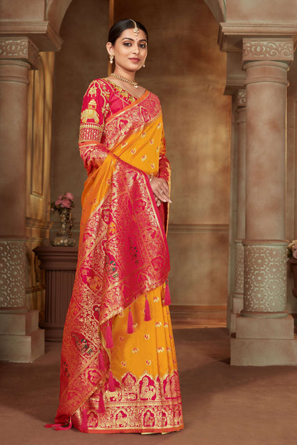 MANOHARI Banarasi Silk Blend Jacquard Work Saree - Yellow