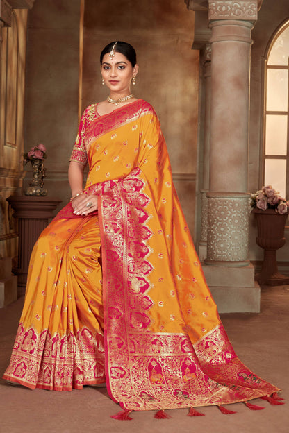 MANOHARI Banarasi Silk Blend Jacquard Work Saree - Yellow