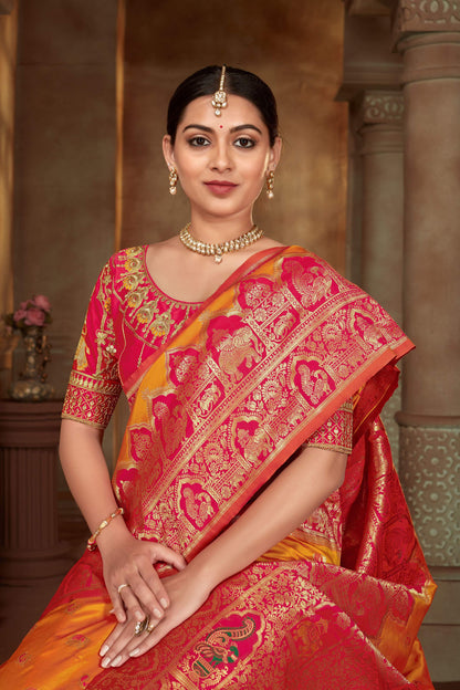 MANOHARI Banarasi Silk Blend Jacquard Work Saree - Yellow