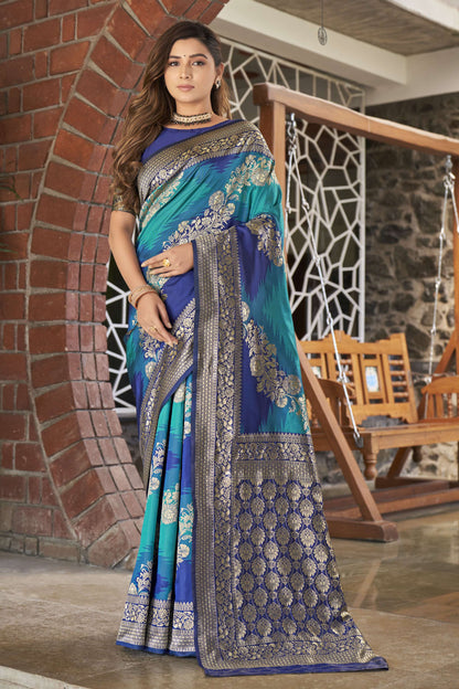 MANOHARI Banarasi Silk Blend Jacquard Work Saree - Blue