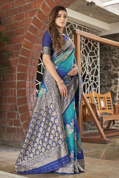 MANOHARI Banarasi Silk Blend Jacquard Work Saree - Blue