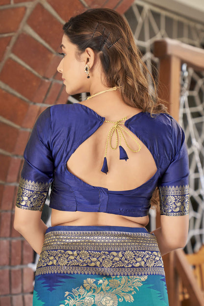 MANOHARI Banarasi Silk Blend Jacquard Work Saree - Blue