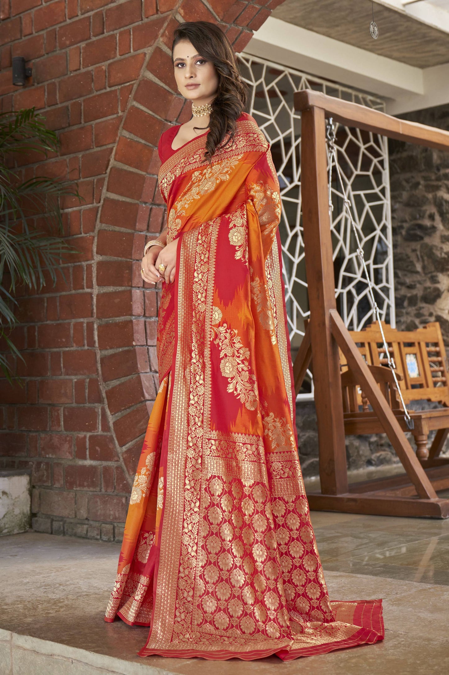 MANOHARI Banarasi Silk Blend Jacquard Work Saree - Orange