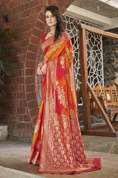 MANOHARI Banarasi Silk Blend Jacquard Work Saree - Orange