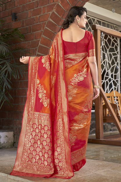 MANOHARI Banarasi Silk Blend Jacquard Work Saree - Orange