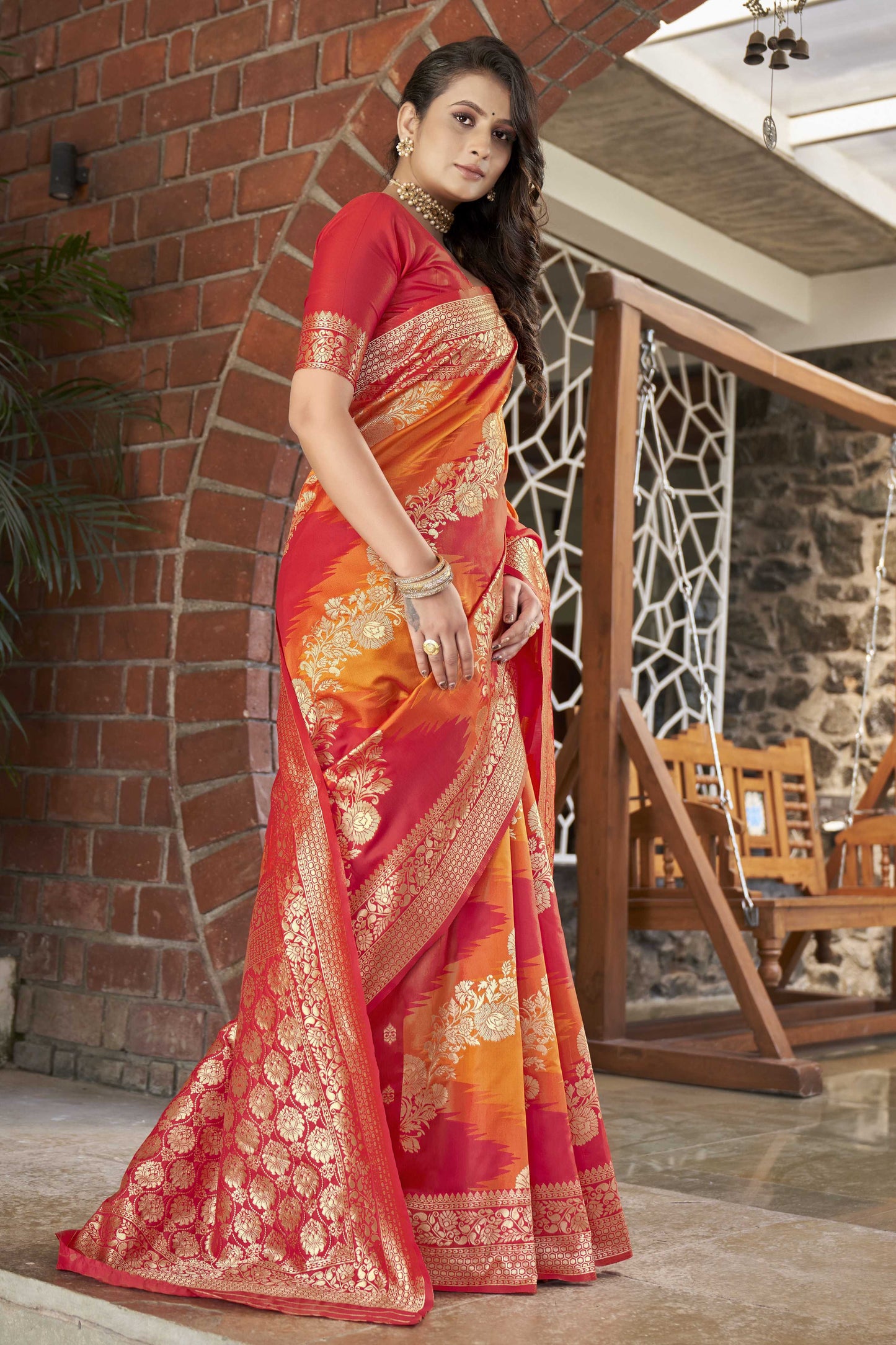 MANOHARI Banarasi Silk Blend Jacquard Work Saree - Orange