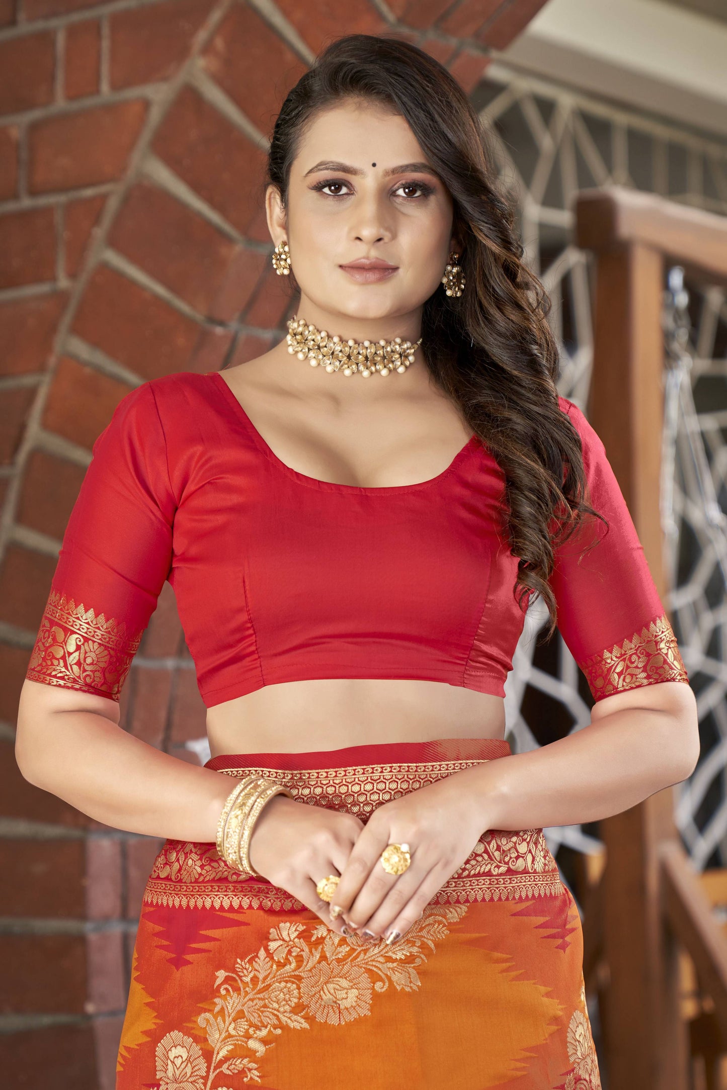 MANOHARI Banarasi Silk Blend Jacquard Work Saree - Orange