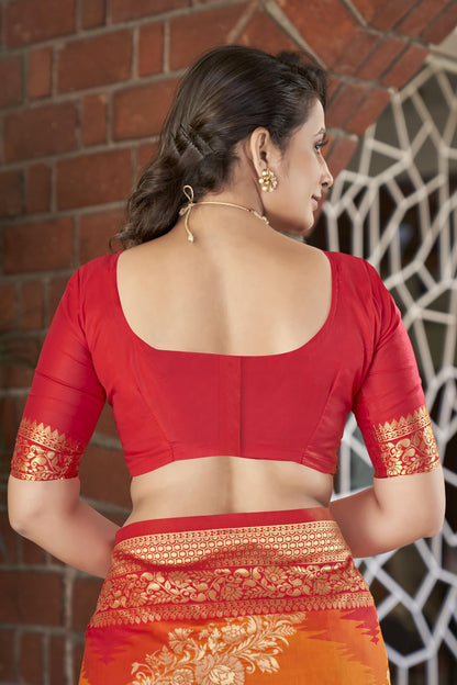 MANOHARI Banarasi Silk Blend Jacquard Work Saree - Orange