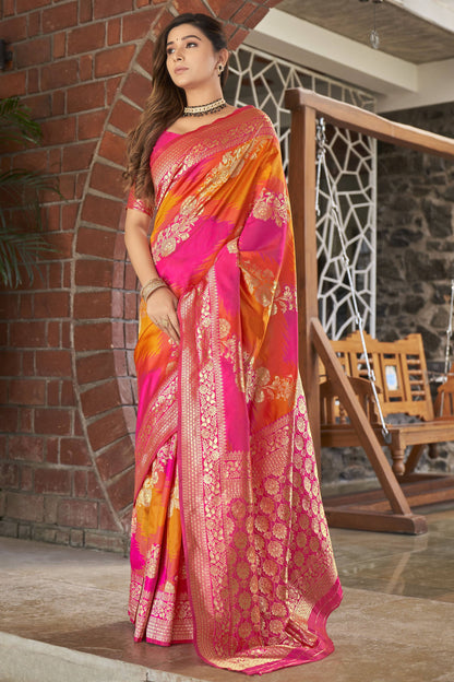 MANOHARI Banarasi Silk Blend Jacquard Work Saree - Pink