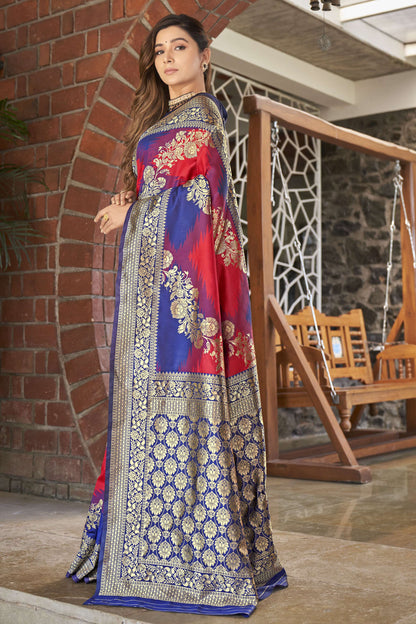 MANOHARI Banarasi Silk Blend Jacquard Work Saree - Red