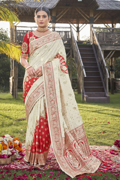 MANOHARI Banarasi Silk Blend Jacquard Work Saree - Red