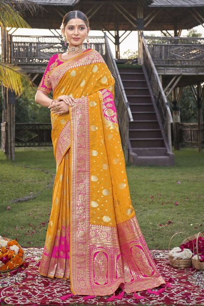 MANOHARI Banarasi Silk Blend Jacquard Work Saree - Yellow