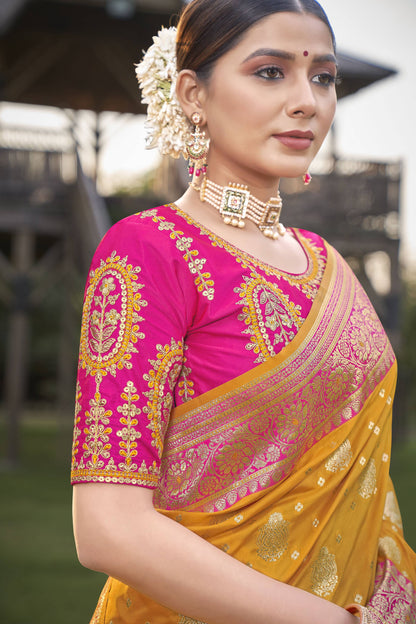 MANOHARI Banarasi Silk Blend Jacquard Work Saree - Yellow