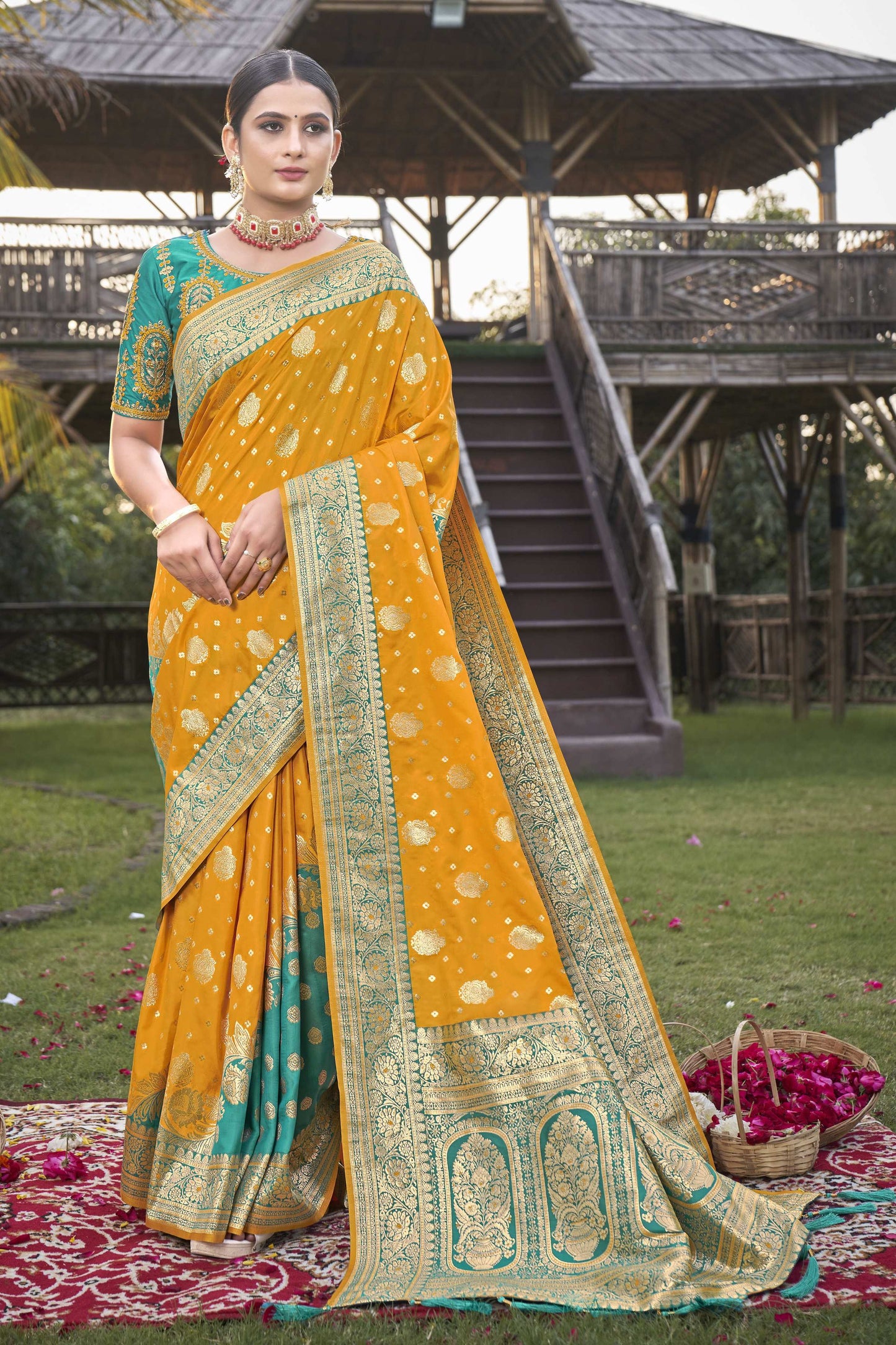 MANOHARI Banarasi Silk Blend Jacquard Work Saree - Mustard