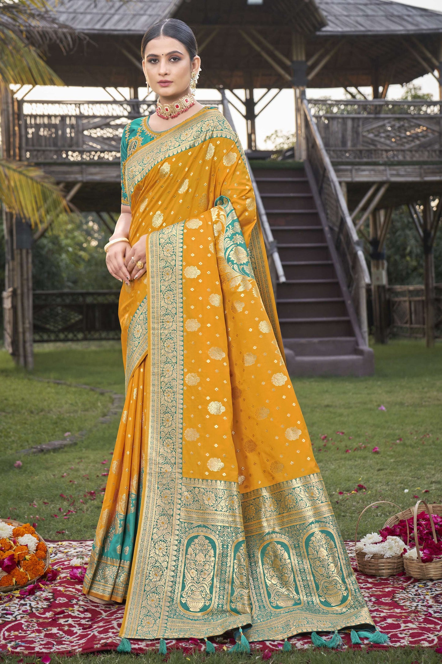 MANOHARI Banarasi Silk Blend Jacquard Work Saree - Mustard