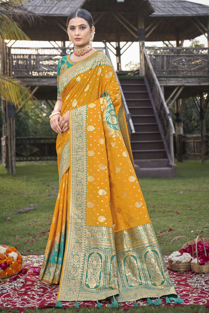 MANOHARI Banarasi Silk Blend Jacquard Work Saree - Mustard