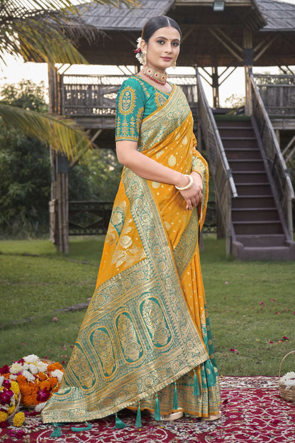 MANOHARI Banarasi Silk Blend Jacquard Work Saree - Mustard
