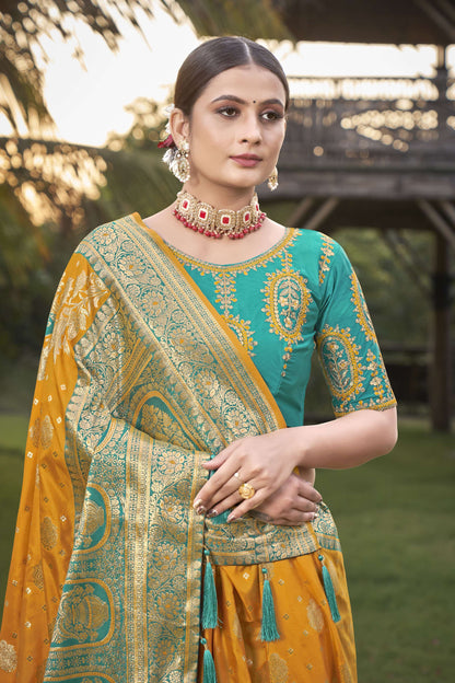 MANOHARI Banarasi Silk Blend Jacquard Work Saree - Mustard