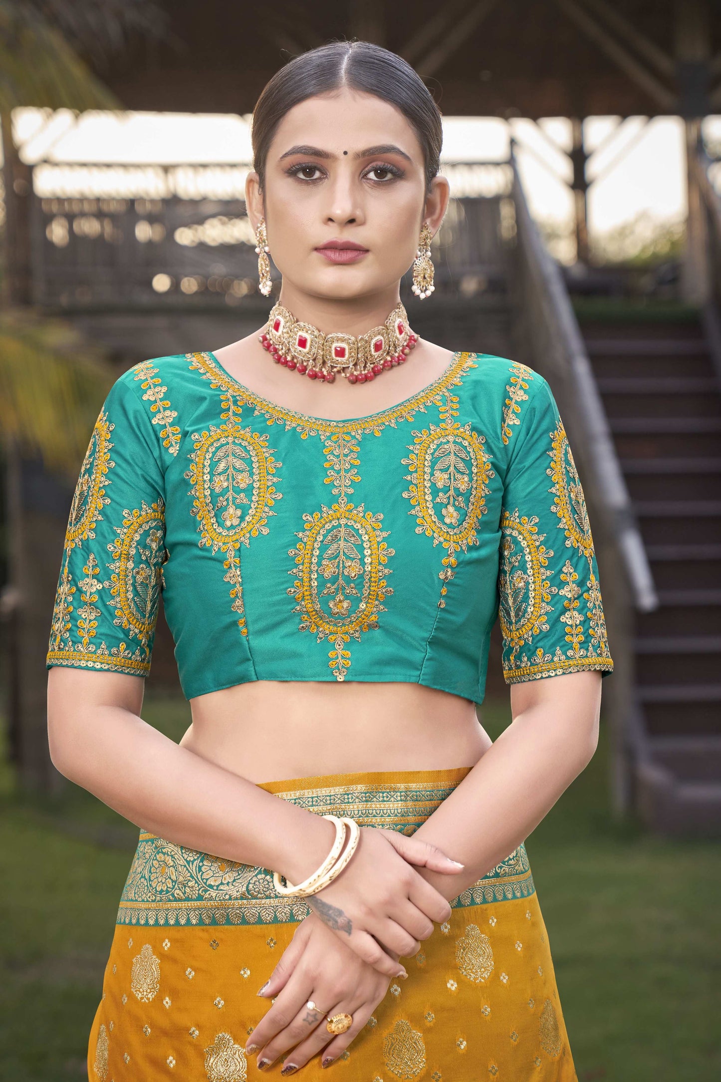 MANOHARI Banarasi Silk Blend Jacquard Work Saree - Mustard