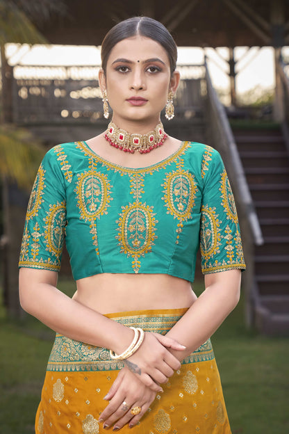 MANOHARI Banarasi Silk Blend Jacquard Work Saree - Mustard