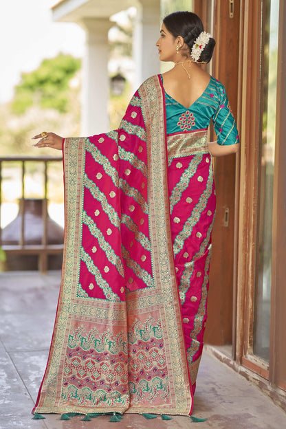 MANOHARI Banarasi Silk Blend Jacquard Work Saree - Pink