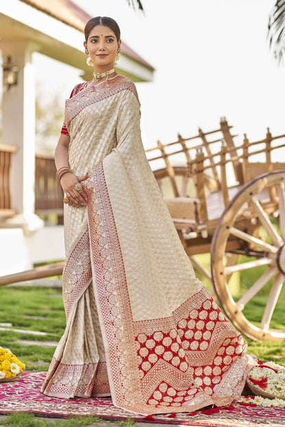 MANOHARI Banarasi Silk Blend Jacquard Work Saree - White