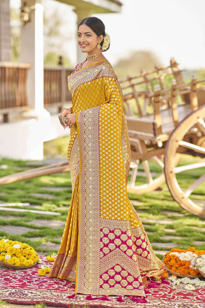 MANOHARI Banarasi Silk Blend Jacquard Work Saree - Yellow