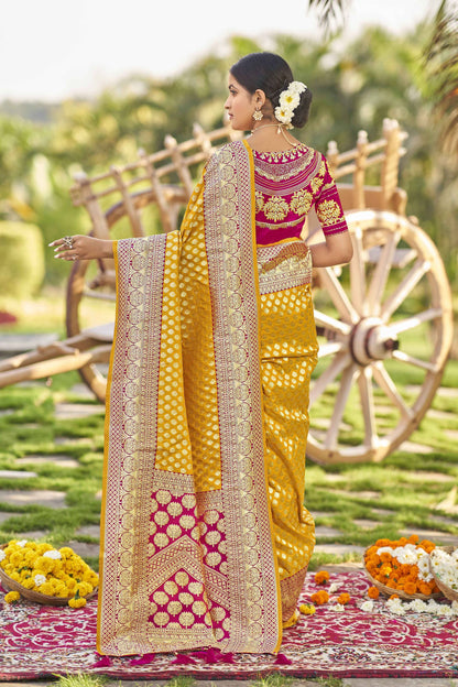 MANOHARI Banarasi Silk Blend Jacquard Work Saree - Yellow