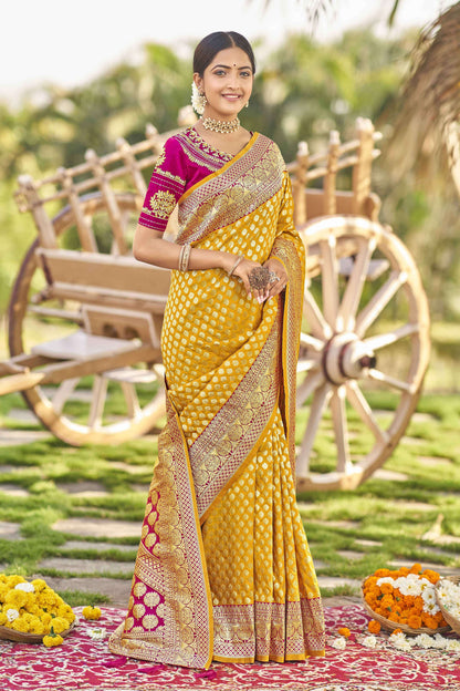 MANOHARI Banarasi Silk Blend Jacquard Work Saree - Yellow
