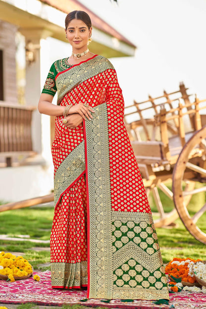 MANOHARI Banarasi Silk Blend Jacquard Work Saree - Red