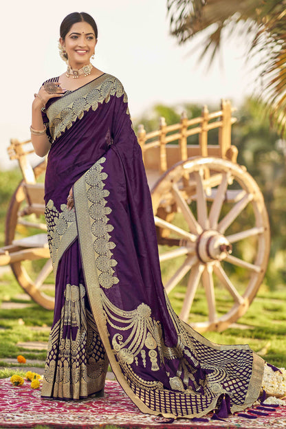 MANOHARI Banarasi Silk Blend Jacquard Work Saree - Purple