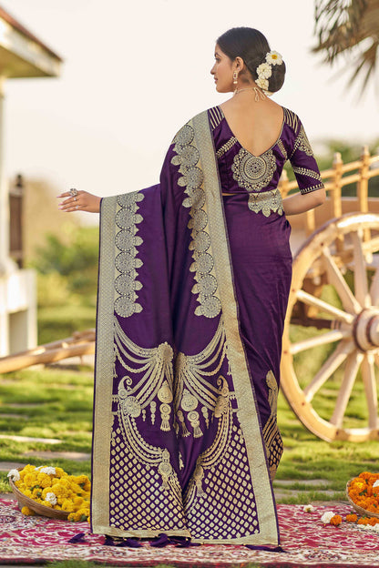MANOHARI Banarasi Silk Blend Jacquard Work Saree - Purple