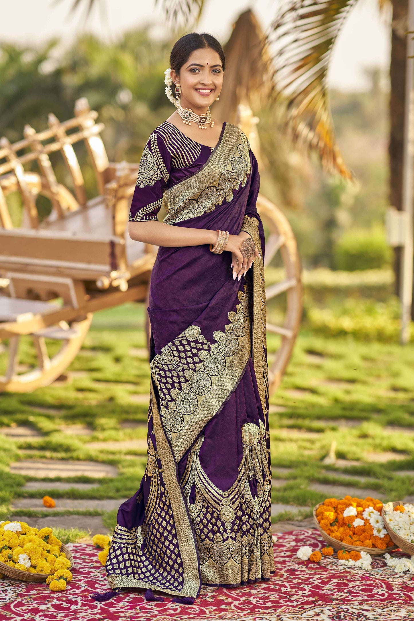 MANOHARI Banarasi Silk Blend Jacquard Work Saree - Purple