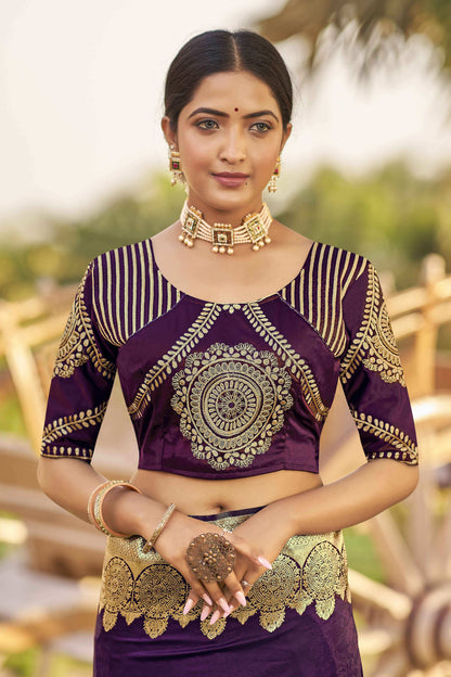 MANOHARI Banarasi Silk Blend Jacquard Work Saree - Purple