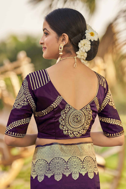 MANOHARI Banarasi Silk Blend Jacquard Work Saree - Purple