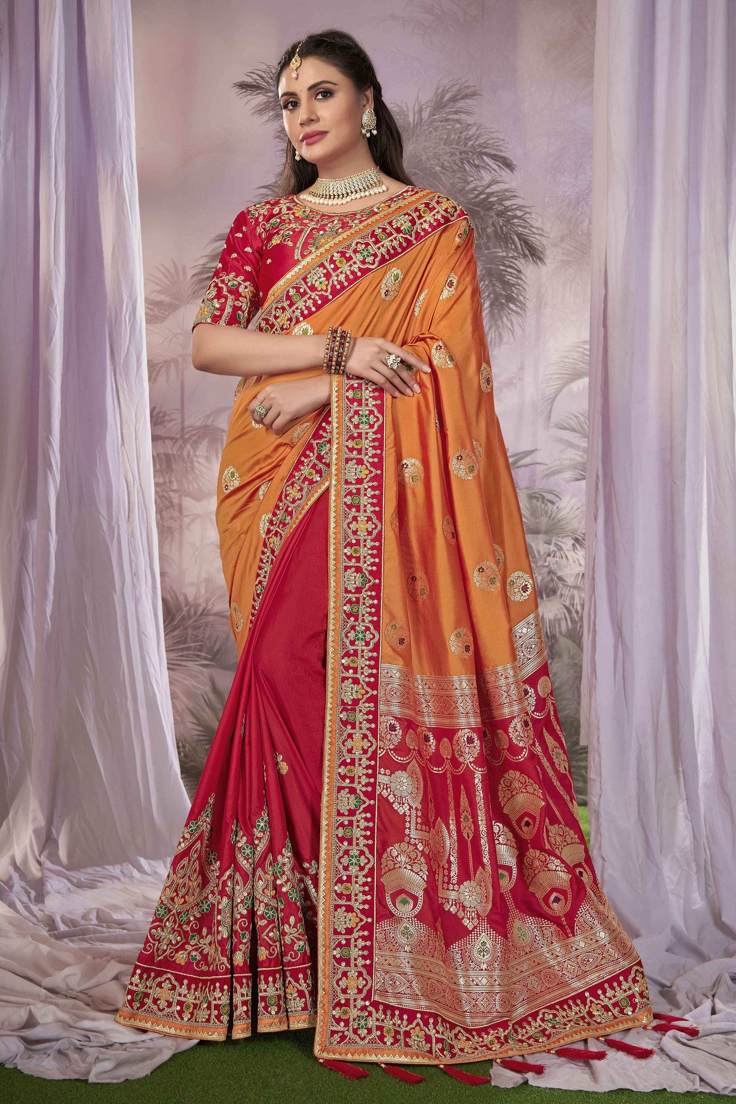 MANOHARI Banarasi Silk Blend Jacquard Work Saree - Orange