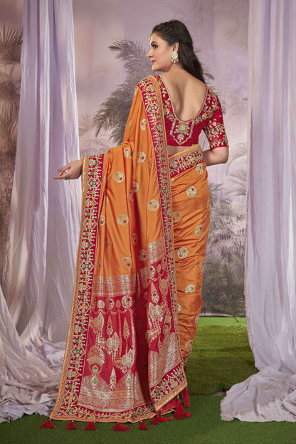 MANOHARI Banarasi Silk Blend Jacquard Work Saree - Orange