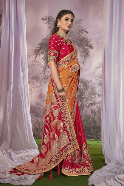 MANOHARI Banarasi Silk Blend Jacquard Work Saree - Orange