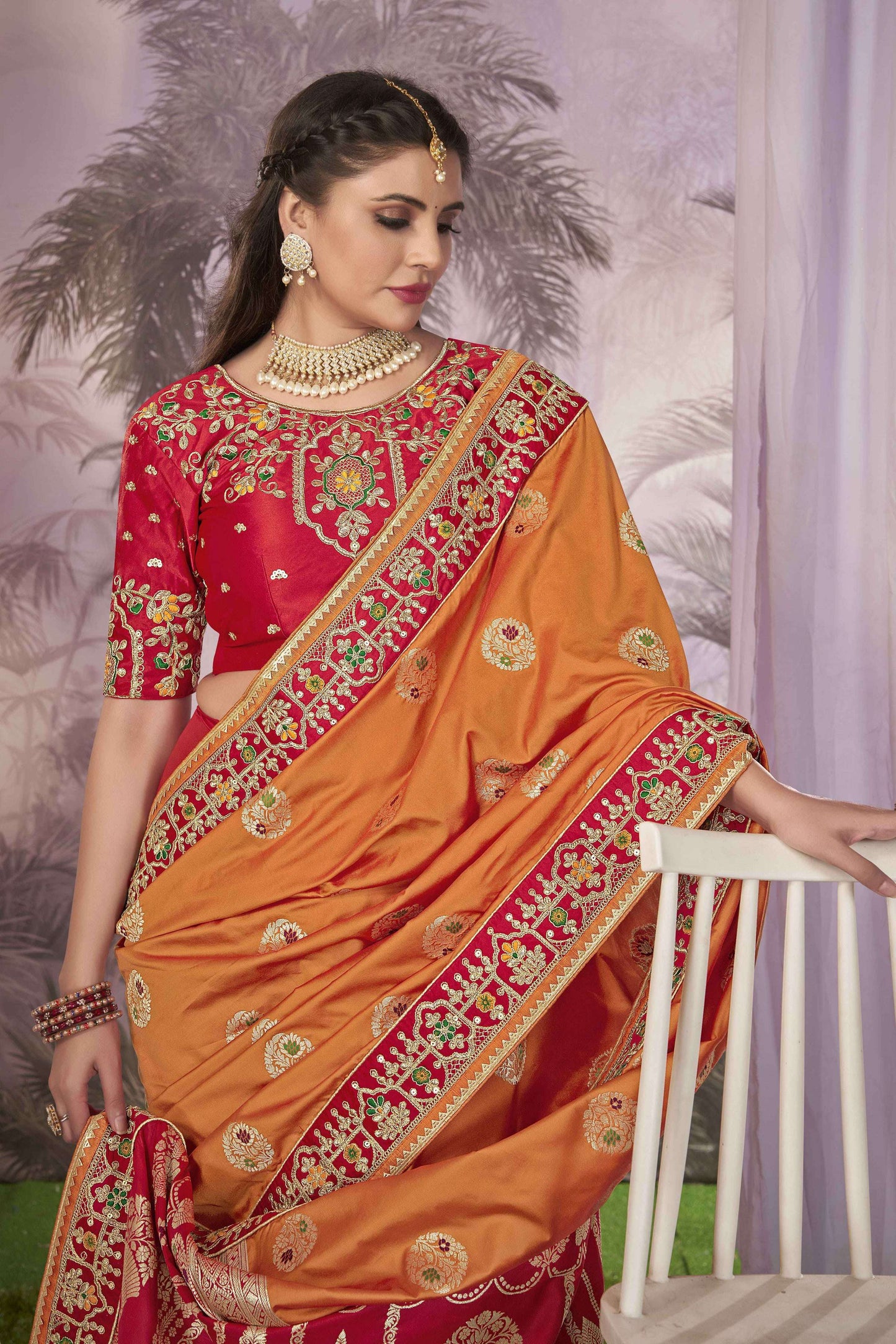 MANOHARI Banarasi Silk Blend Jacquard Work Saree - Orange