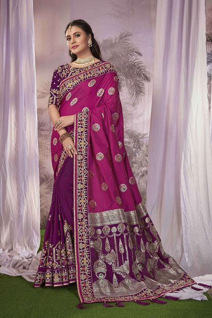 MANOHARI Banarasi Silk Blend Jacquard Work Saree - Pink