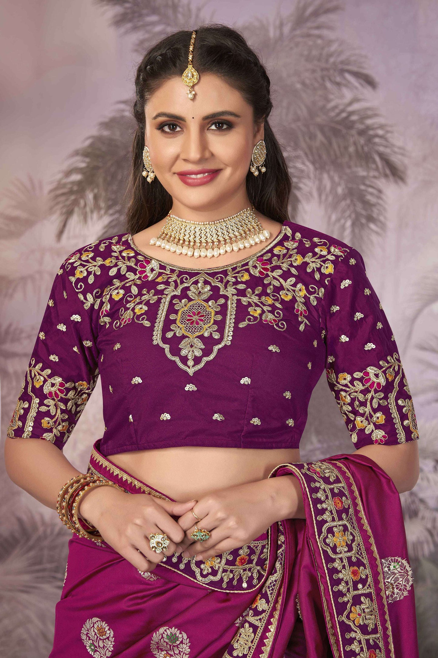 MANOHARI Banarasi Silk Blend Jacquard Work Saree - Pink