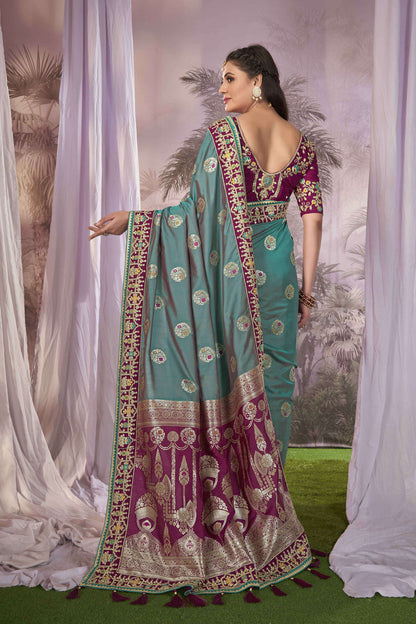 MANOHARI Banarasi Silk Blend Jacquard Work Saree - Blue