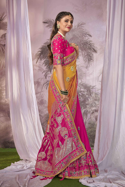 MANOHARI Banarasi Silk Blend Jacquard Work Saree - Pink