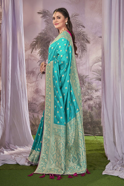 MANOHARI Banarasi Silk Blend Jacquard Work Saree - Blue