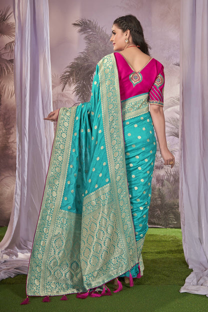 MANOHARI Banarasi Silk Blend Jacquard Work Saree - Blue