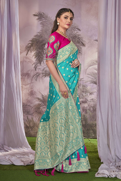 MANOHARI Banarasi Silk Blend Jacquard Work Saree - Blue