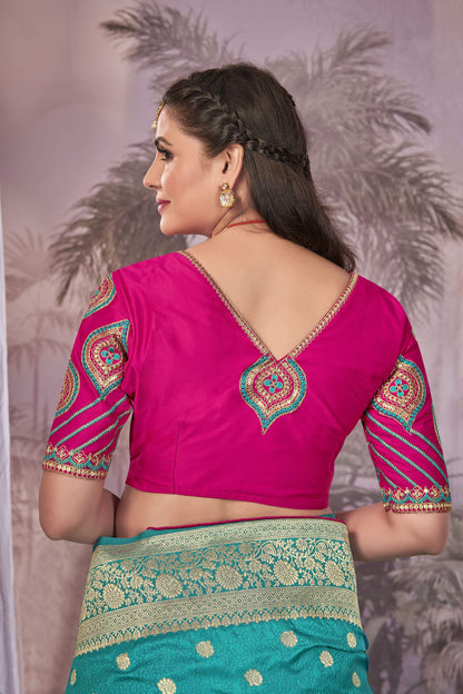 MANOHARI Banarasi Silk Blend Jacquard Work Saree - Blue