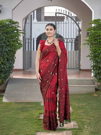 MANOHARI Banarasi Silk Blend Jacquard Work Saree - Red
